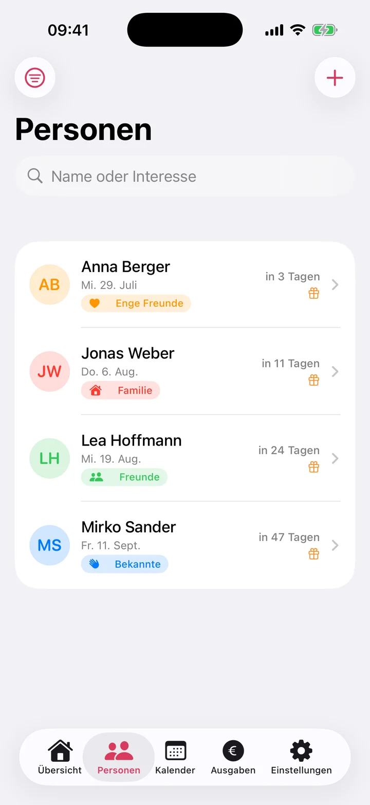 Personenliste in Geschenklio