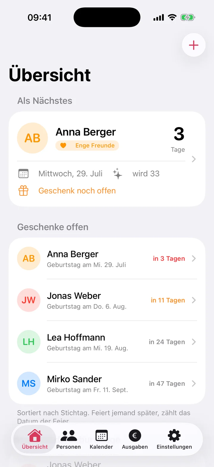 Übersicht mit den nächsten Geburtstagen